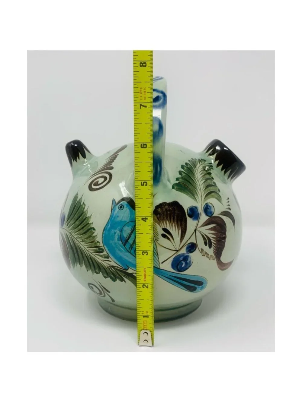 Vintage Noe Suro Tonala Teapot Floral Blue Bird Folk Art Mexico Signed 8x6